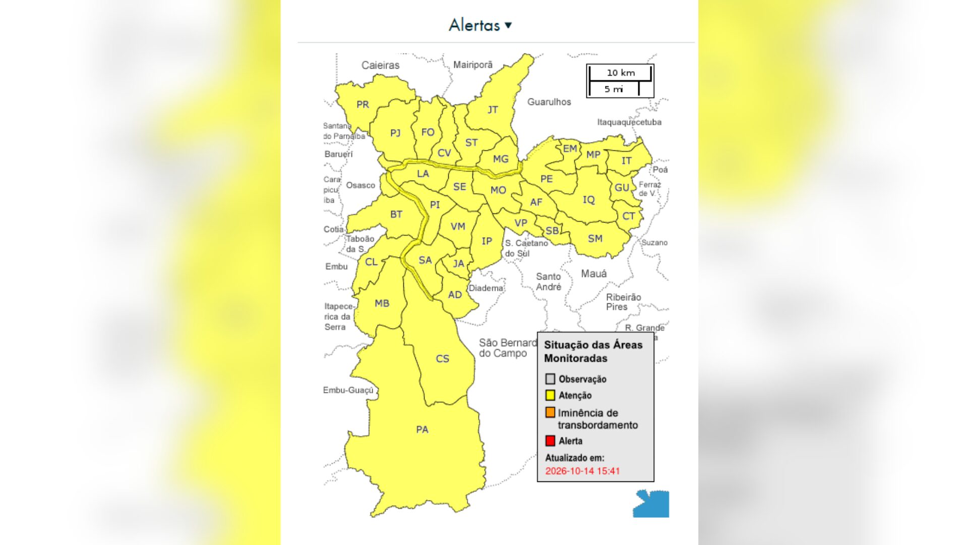 Chuva forte coloca cidade de São Paulo em alerta severo de segurança