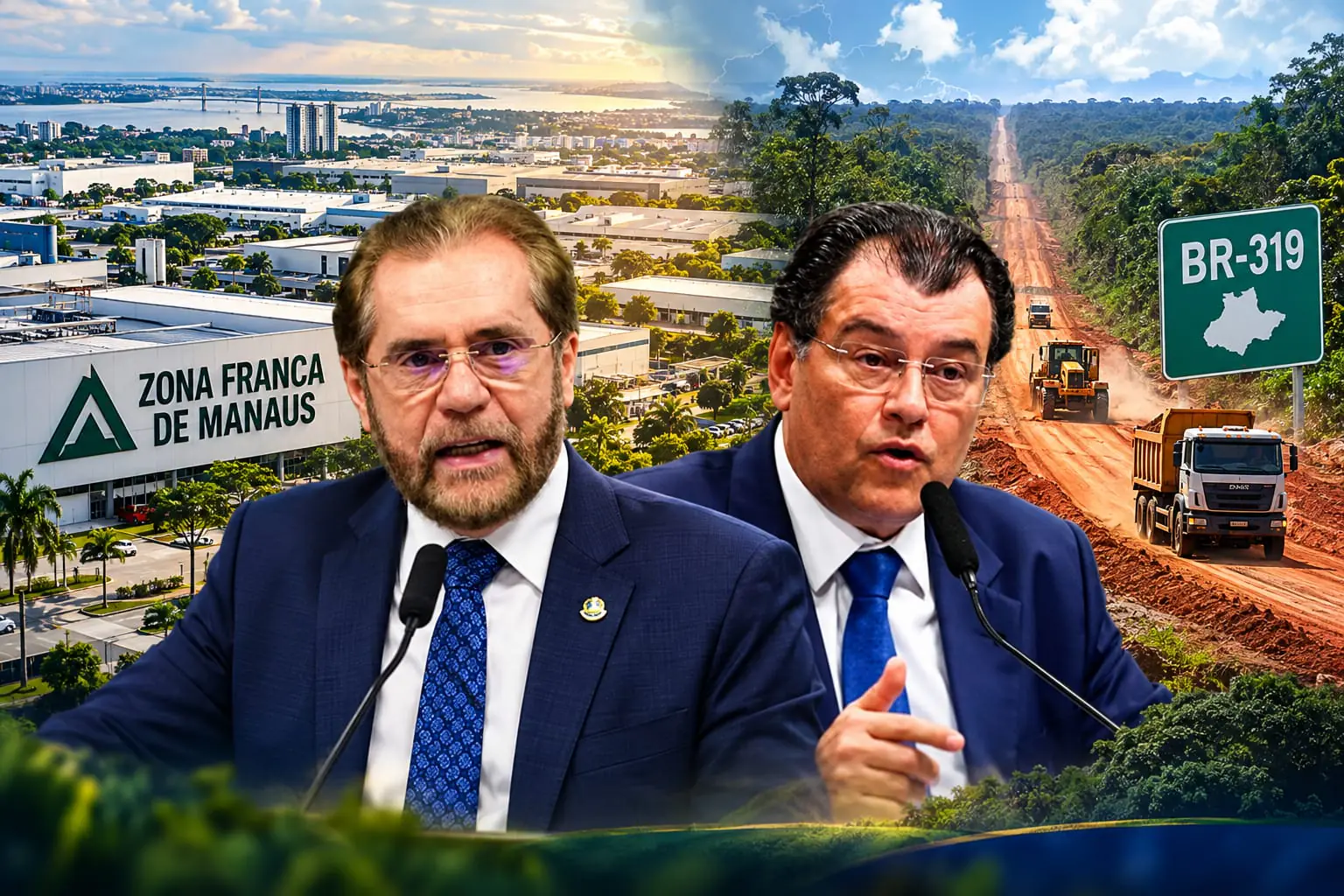 Senadores Plínio Valério e Eduardo Braga com a Zona Franca de Manaus e a BR-319 ao fundo